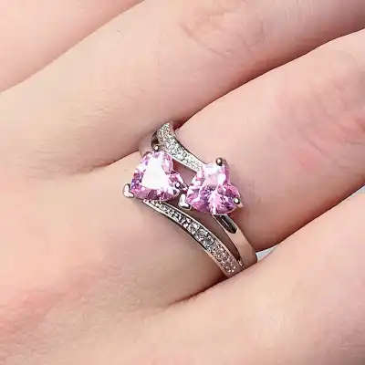 Women Unique Double Heart Shaped Zircon Decorative Ring Fashion Copper Jewelry
