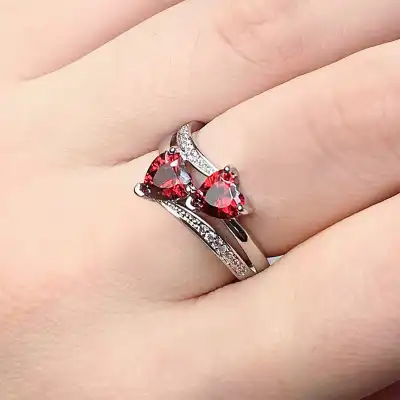 Women Unique Double Heart Shaped Zircon Decorative Ring Fashion Copper Jewelry