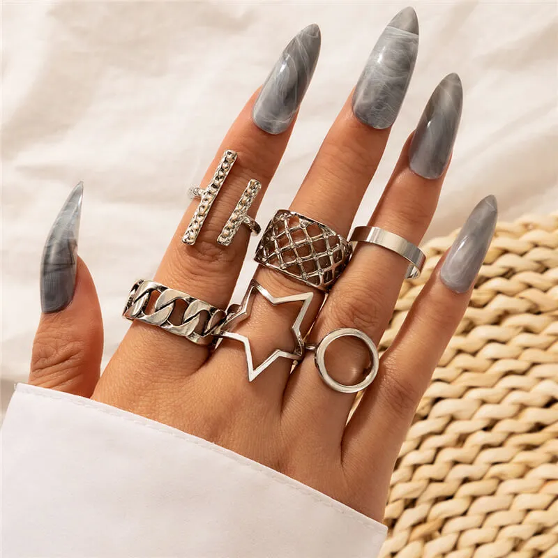 6pcs/set Vintage Multi-Element Design Star Rings for Women