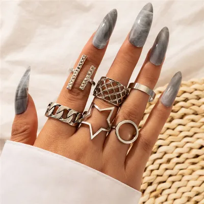 6pcs/set Vintage Multi-Element Design Star Rings for Women