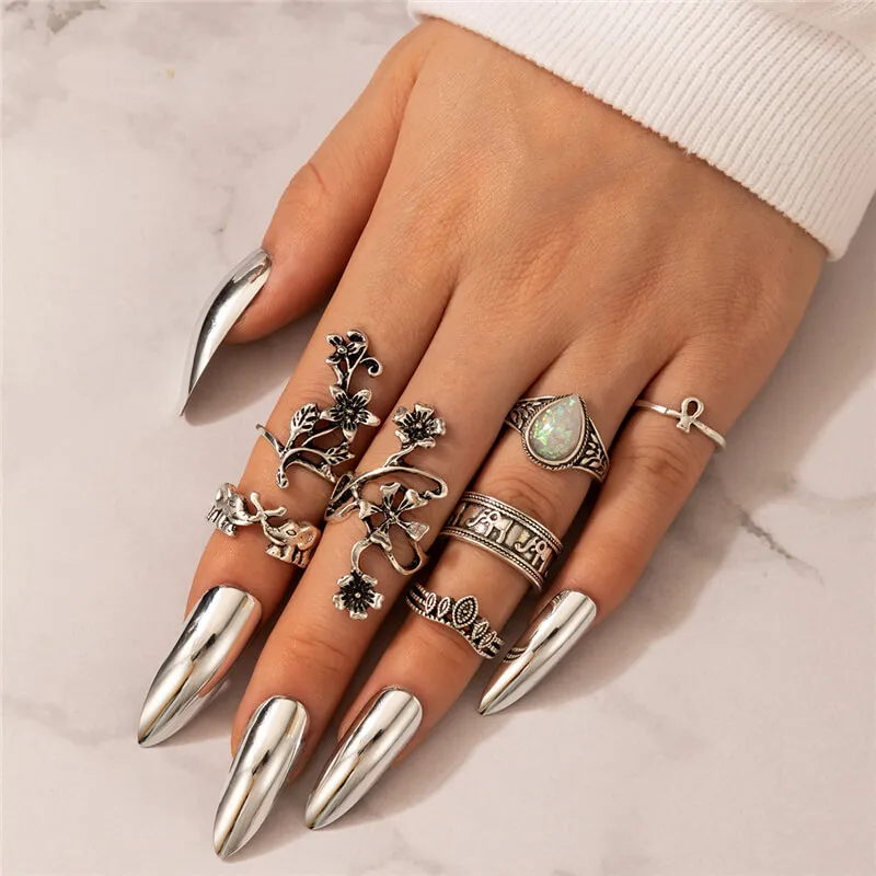 7pcs/set Ethnic Style Elephant Flowers Pattern Midi Ring For Women