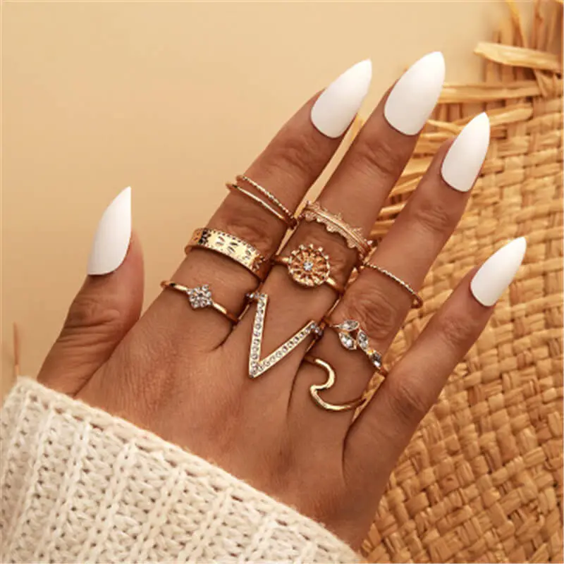 9pcs/set Simple Geometric Shape Rhinestone Decor Unisex Alloy Ring Set