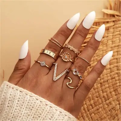 9pcs/set Simple Geometric Shape Rhinestone Decor Unisex Alloy Ring Set