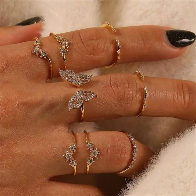 8pcs/set Butterfly Pattern Rhinestone Decorative Ring Set Unisex Alloy Jewelry Rings