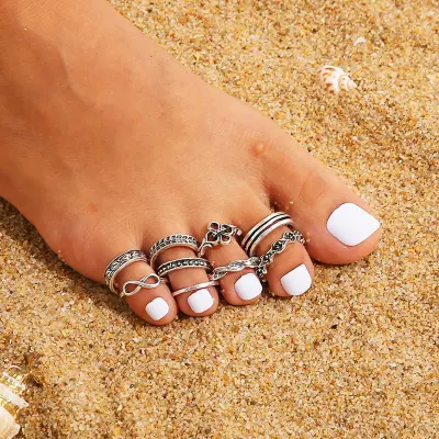 9pcs/set Women Retro Totem And Geometry Pattern Design Toe Ring Set