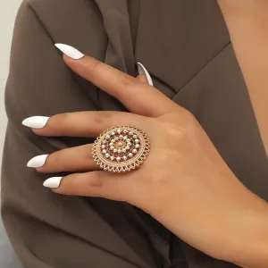 Ethnic Style Round Geometric Hollow Out Rhinestone Decorative Ring for Women