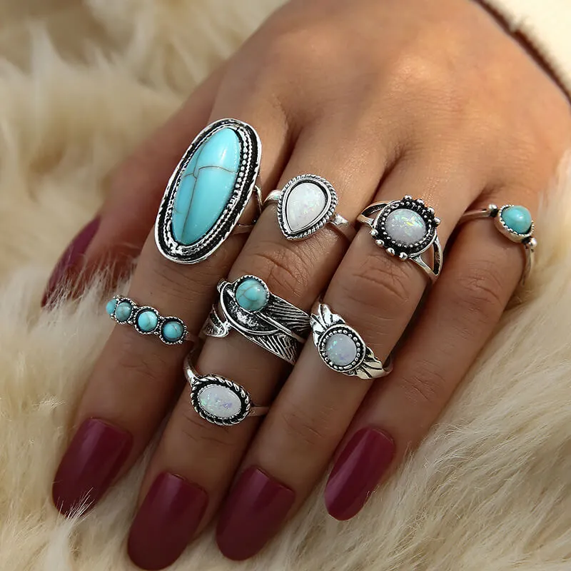 8pcs/set Women Retro Turquoise Alloy Leaf Pattern Decorative Ring Set