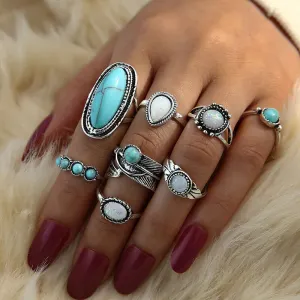 8pcs/set Women Retro Turquoise Alloy Leaf Pattern Decorative Ring Set