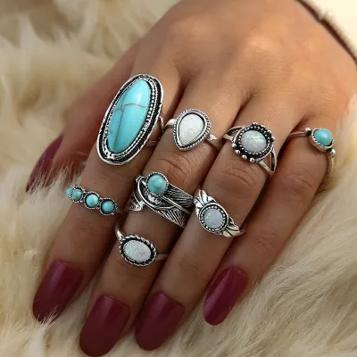 8pcs/set Women Retro Turquoise Alloy Leaf Pattern Decorative Ring Set