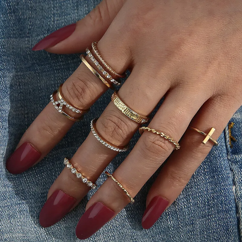 8pcs/set Fashion Geometric Rhinestone Decorative Ring Set for Women