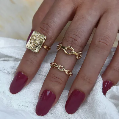 3pcs Set Women Retro Portrait Design Adjustable Rings Alloy