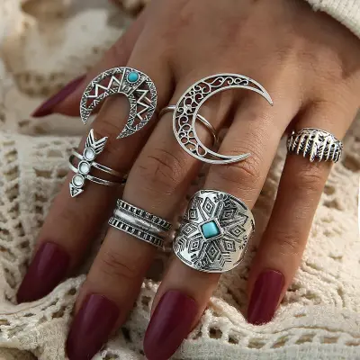6pcs/set Women Retro Moon Element Geometric Ring Set