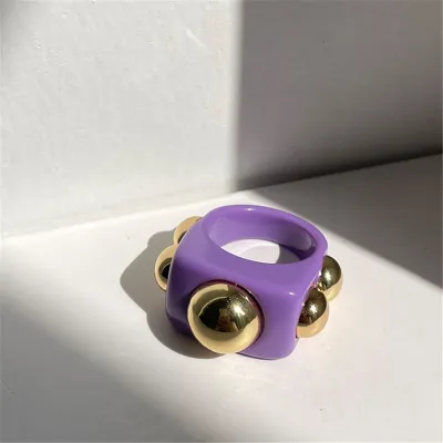 Women Vintage Acrylic Metal Bead Geometric Decorative Ring