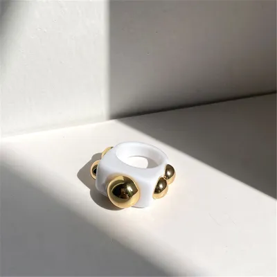 Women Vintage Acrylic Metal Bead Geometric Decorative Ring