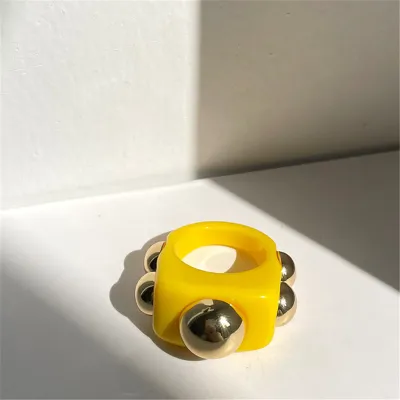 Women Vintage Acrylic Metal Bead Geometric Decorative Ring