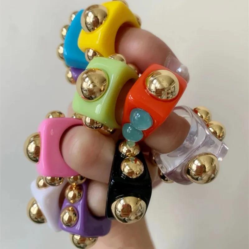 Women Vintage Acrylic Metal Bead Geometric Decorative Ring