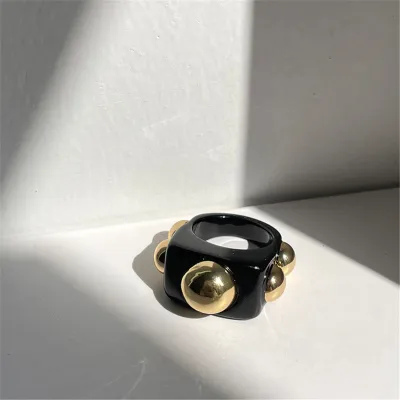 Women Vintage Acrylic Metal Bead Geometric Decorative Ring