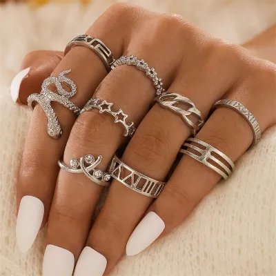 9pcs/set Women Retro Multi Element Design Ring Set Alloy Animal Zodiac Style