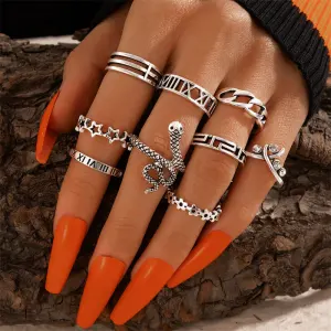 9pcs/set Women Retro Multi Element Design Ring Set Alloy Animal Zodiac Style