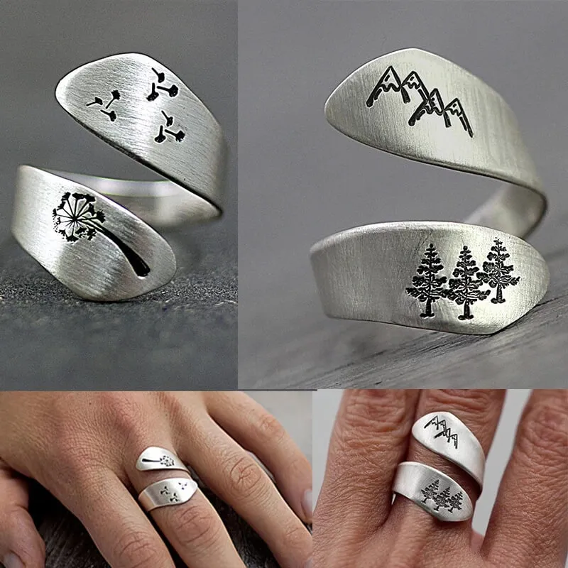 Women Retro Plants Mountains Pattern Design Ring