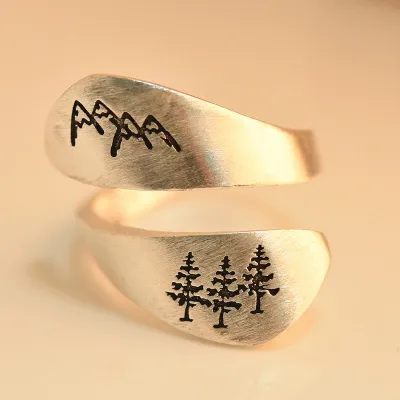 Women Retro Plants Mountains Pattern Design Ring
