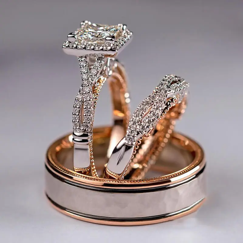 3pcs/set Women Shinning Zircon Decorate Ring Set Geometric Copper