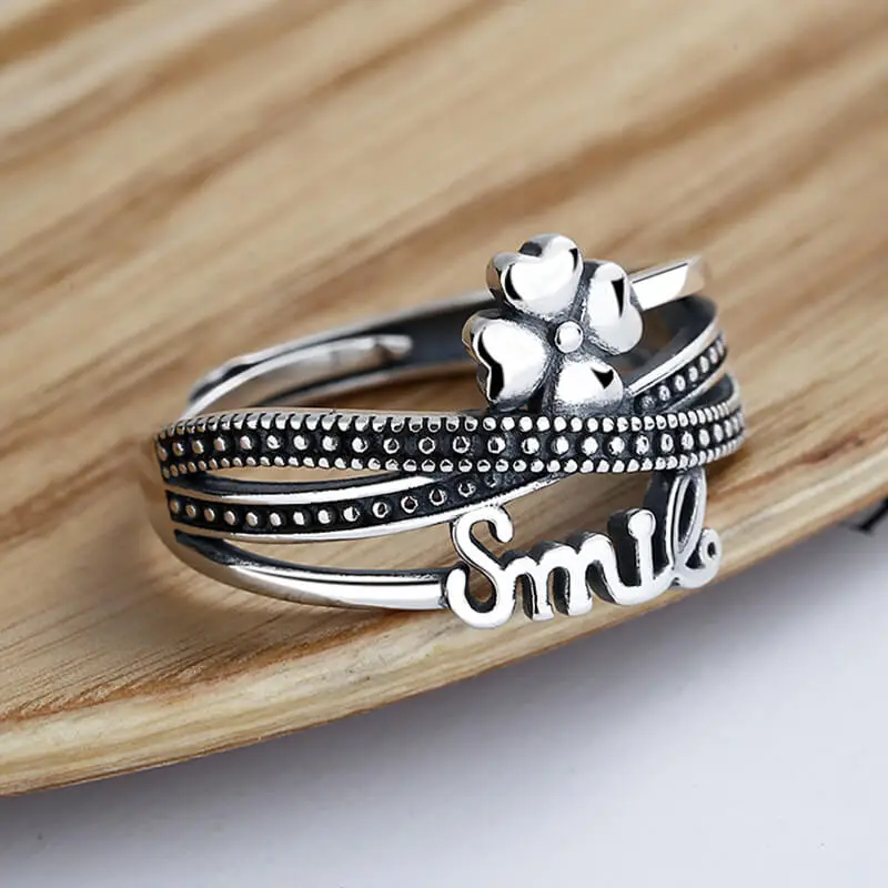 925 Sterling Silver Smile Letter And Clover Shape Design Ring