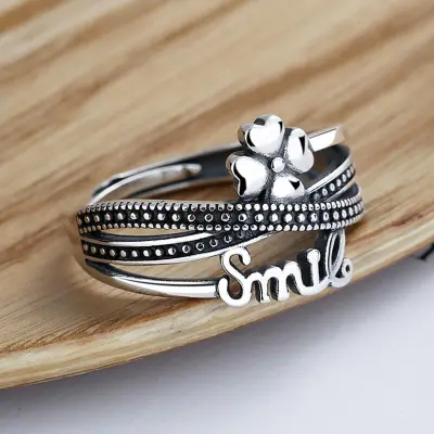 925 Sterling Silver Smile Letter And Clover Shape Design Ring