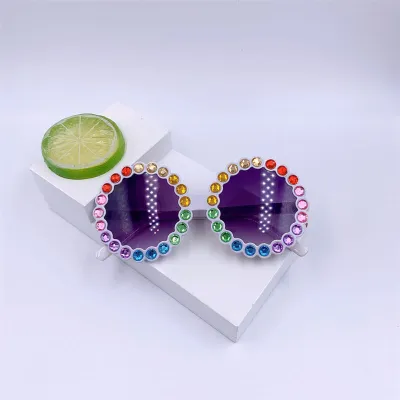 Girls Fashion Round Frame Color Rhinestone Decor Kids Sunglasses