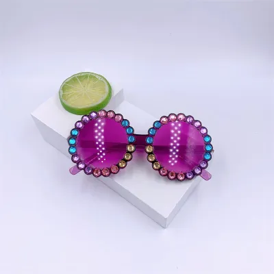 Girls Fashion Round Frame Color Rhinestone Decor Kids Sunglasses