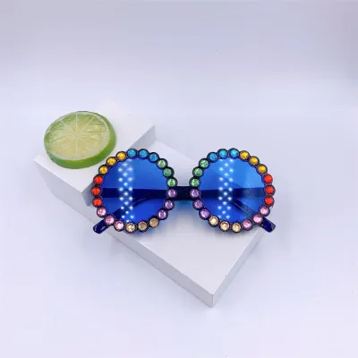 Girls Fashion Round Frame Color Rhinestone Decor Kids Sunglasses
