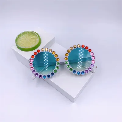 Girls Fashion Round Frame Color Rhinestone Decor Kids Sunglasses