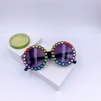 Girls Fashion Round Frame Color Rhinestone Decor Kids Sunglasses