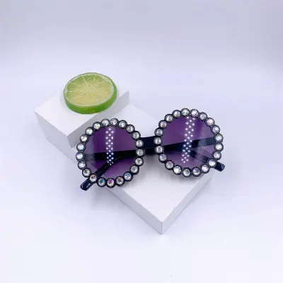 Girls Fashion Round Frame Color Rhinestone Decor Kids Sunglasses