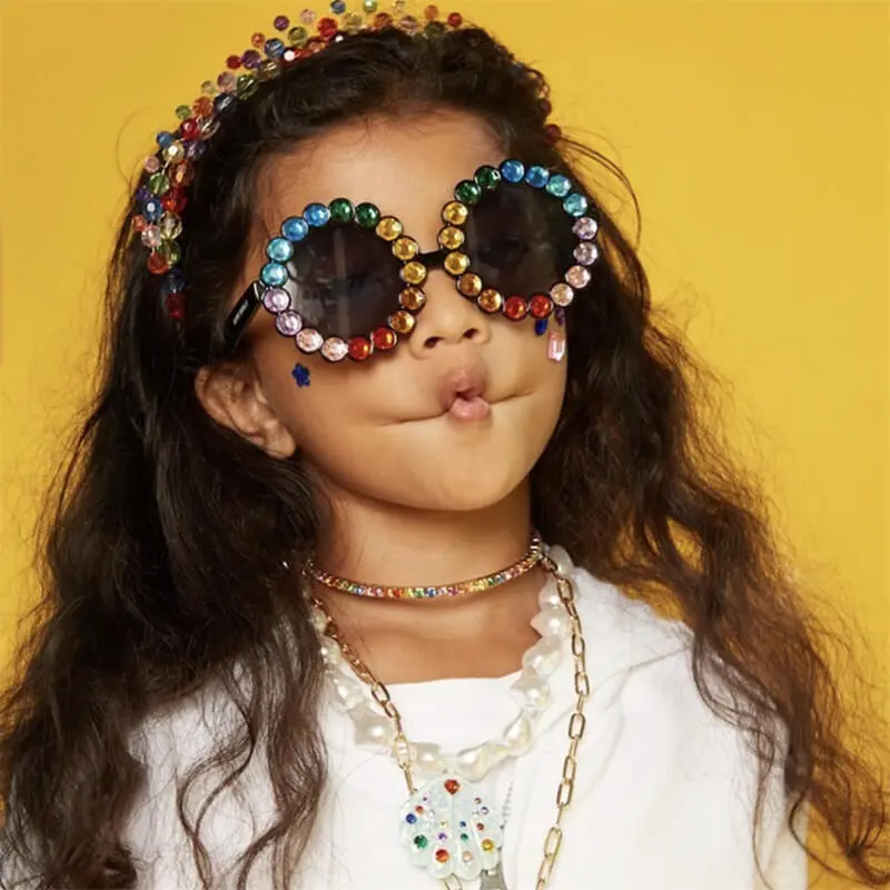 Girls Fashion Round Frame Color Rhinestone Decor Kids Sunglasses