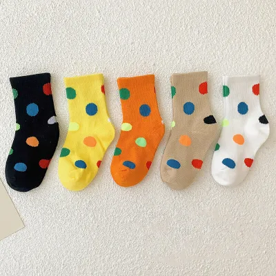 5 pairs/pack Kids Fashion Multicolor Polka Dot Mid-calf Cotton Socks