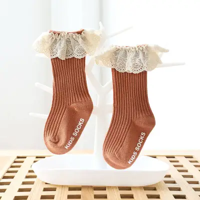 Girls Simple Lace Trim Non-slip Mid-calf Cotton Socks