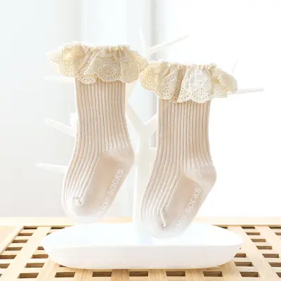 Girls Simple Lace Trim Non-slip Mid-calf Cotton Socks