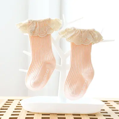 Girls Simple Lace Trim Non-slip Mid-calf Cotton Socks