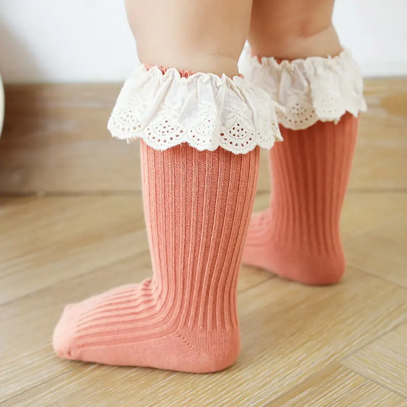Girls Simple Lace Trim Non-slip Mid-calf Cotton Socks