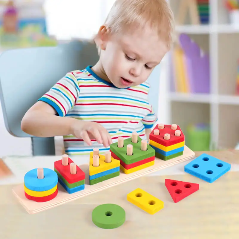 Kids Funny Geometric Shape Puzzle Wooden Building Block Toy Set