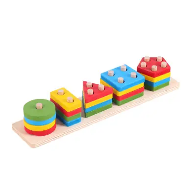 Kids Funny Geometric Shape Puzzle Wooden Building Block Toy Set