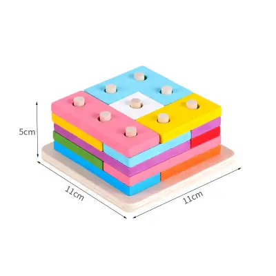 Kids Funny Geometric Shape Puzzle Wooden Building Block Toy Set