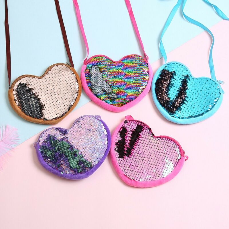 Girls Cute Cartoon Sequin Heart Shaped Crossbody Bag Coin Purse