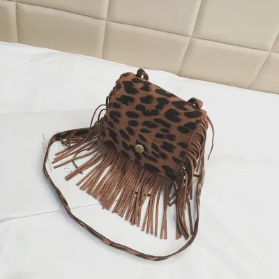 Children Fashion Leopard Print Tassel Crossbody PU Leather Bag for Toddler Unisex