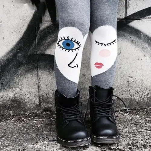 Girls Funny Asymmetry Cartoon Pattern Cotton Pantyhoses Tights Medium Thickness