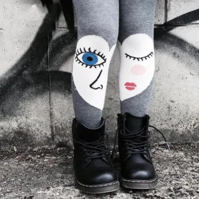 Girls Funny Asymmetry Cartoon Pattern Cotton Pantyhoses Tights Medium Thickness