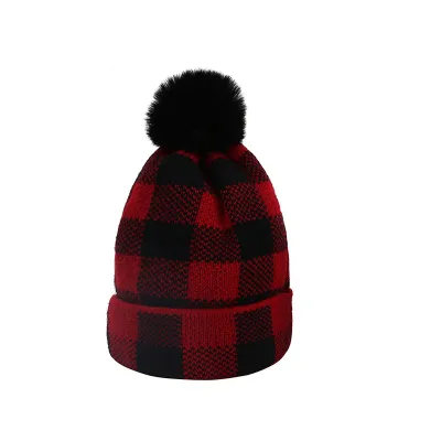Fashion Christmas Series Plaid Pattern Pompon Knitting Cap