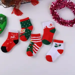 5 Pairs Kids Christmas Socks Set Unisex Mid-calf Combed Cotton