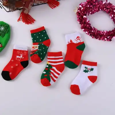 5 Pairs Kids Christmas Socks Set Unisex Mid-calf Combed Cotton